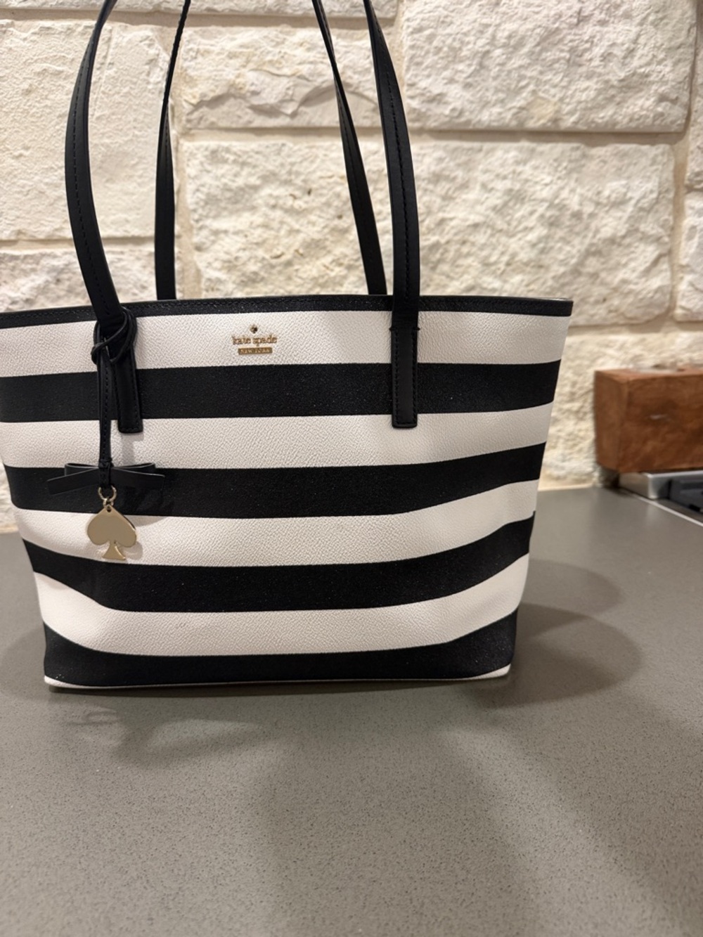 kate spade Black and White Stripe Tote with Spade Charm